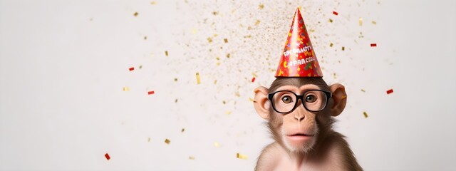 Monkey in a festive hat and glasses. Creative animal concept. Postcard or invitation to a party. Banner for advertising