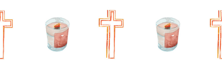 Watercolor candle and  cross border.Christian seamless border. Hand painted illustration on white backround.