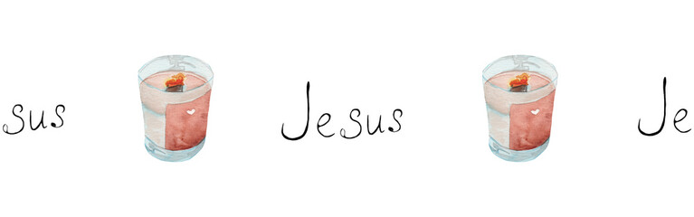 Watercolor candle and word border.Christian seamless border. Hand painted illustration on white backround.