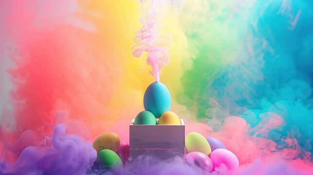 full color easter eggs displayed in the wooden box with loofy video of rainbow smoke that come from the egg easter celebration christian festival cotholic day