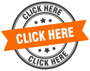 click here stamp. click here label on transparent background. round sign