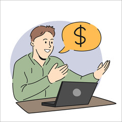 Vector illustration of a young man sitting at a laptop. Talking on a video link. Finance