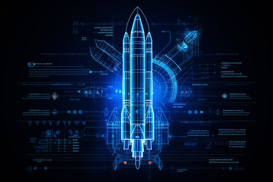 blueprint rocket technology, blue neon color..