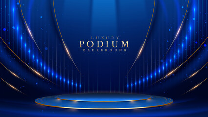 Empty podium golden on blue background with light neon effects with bokeh decorations. Luxury scene design concept. Vector illustrations. - obrazy, fototapety, plakaty
