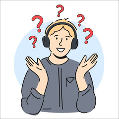 Vector illustration of man in headphones. Call Center. Around the question mark