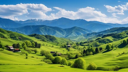 Obraz premium Panorama of beautiful countryside of romania. sunny afternoon. wonderful springtime landscape in mountains. grassy field and rolling hills. rural scenery