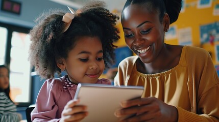Happy mature female teacher educator helping African American junior school kid girl student using digital tablet computer education program app technology during elementary class lesson in classroom.