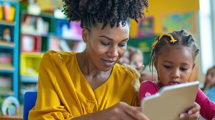 Happy mature female teacher educator helping African American junior school kid girl student using digital tablet computer education program app technology during elementary class lesson in classroom.