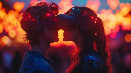 VR Kiss: Romantic Couple Holding Hands and Kissing in the Sky with Hearts