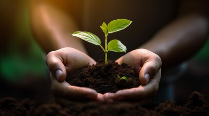 Photo of human hands holding little sprout with care