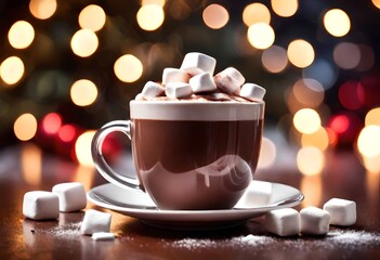 Obraz na płótnie Canvas Hot chocolate - hot chocolate with marshmallows, Christmas background.