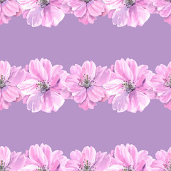 Watercolour Sakura spring flowers illustration seamless pattern. Seasonal Cherry blossom. Hand-painted. Botanical Floral elements. On  violet stripe background. For print decoration, fabric, wrapping.