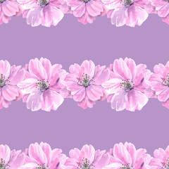 Watercolour Sakura spring flowers illustration seamless pattern. Seasonal Cherry blossom. Hand-painted. Botanical Floral elements. On  violet stripe background. For print decoration, fabric, wrapping.