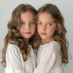 Portrait off 2 sisters in the studio, white background