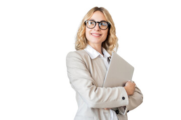 A woman in a jacket and glasses, holding a laptop, is seen next to an office worker.
