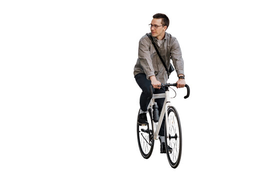 A man riding his bicycle as a means of eco-friendly transportation in the city.
 - Powered by Adobe