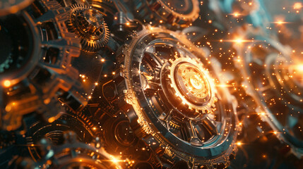 A dynamic 3D animated hologram showcasing intricate mechanical gear designs against a cosmic backdrop