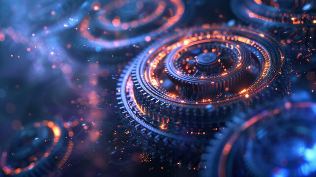 A dynamic 3D animated hologram showcasing intricate mechanical gear designs against a cosmic backdrop