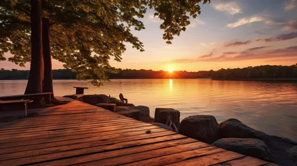 Foto op Plexiglas Platform beside lake with sunset in park © Elchin Abilov