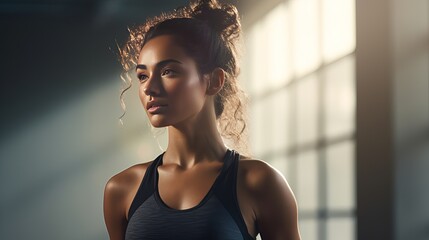 Profile portrait of young attractive yogi woman breathing fresh air, her eyes closed, meditation pose, relaxation exercise, working out wearing black sportswear top, close up image, window background
