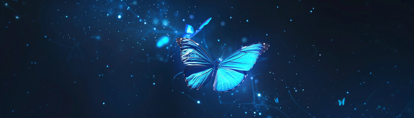 Create a mesmerizing scene of a blue butterfly fluttering through the night sky surrounded by a soft glow