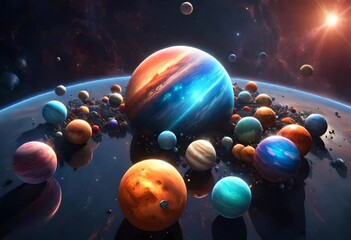 A realistic depiction of a cluster of bright, colorful and animated planets