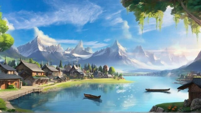 residential area on the edge of a calm and cool lake. cartoon or anime style. seamless looping 4K video animation