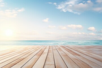 Fototapeta na wymiar Serene Coastal View from a Warm Wooden Deck at Sundown - Generative AI