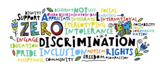 Zero discrimination day word cloud. Respect and diversity landscape poster with hashtags. - 742509827