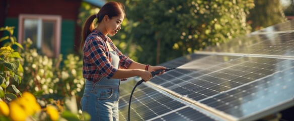 A woman in overalls cleaning solar panels with a serene rural backdrop, depicting an eco-friendly and sustainable lifestyle. - obrazy, fototapety, plakaty