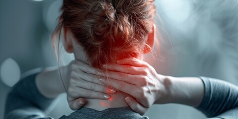 An adult holding their neck in discomfort, suggesting themes of healthcare, personal well-being, and stress relief suitable for physical therapy or medical awareness content.