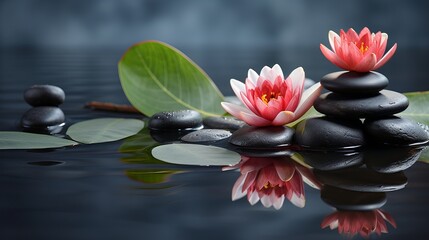 Fototapeta na wymiar Spa still life with water lily and zen stone in a serenity pool