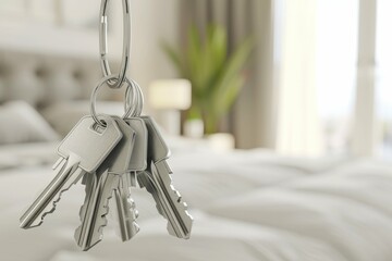 Set of keys hanging with blurred bedroom background, concept of new home or property. sale and rent of housing.