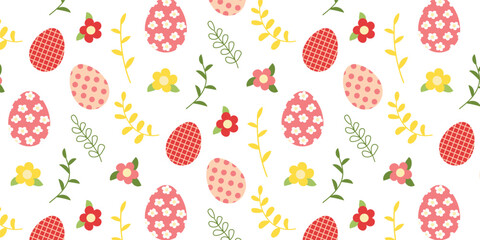 Cute hand drawn Happy Easter seamless pattern. Background with flowers, easter eggs and leaves. Flat vector illustration.  Spring pattern for banners, posters, cover design templates, social media. 