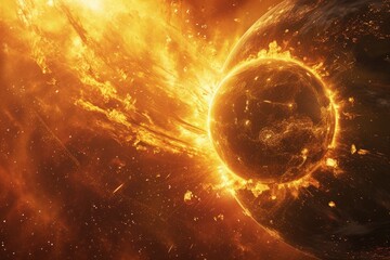 solar storm, magnetic storms. Dramatic cosmic scene with a fiery explosion and celestial bodies, depicting a solar flare or supernova in space.
