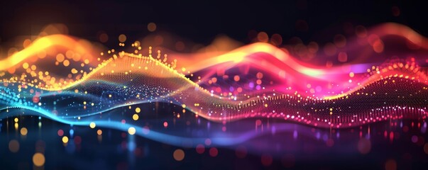 Vibrant digital waveform with glowing particles in neon blue, red, and orange, ideal for modern tech events, music festivals, or dynamic background. - obrazy, fototapety, plakaty