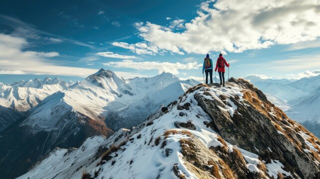 Alpine Odyssey: Eastern European Couple Ventures into Winter Adventure, Trekking Along Rugged Ridges with Snowy Peaks Painting the Breathtaking Backdrop.	
