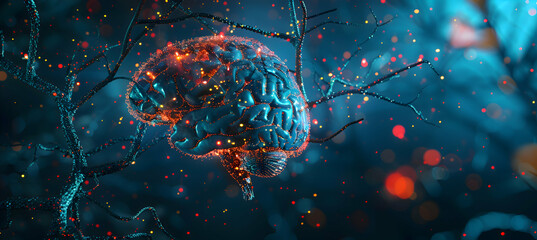 Human brain and tech blurred background with empty space - obrazy, fototapety, plakaty
