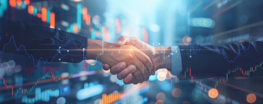 A handshake superimposed over a futuristic financial district with glowing stock market graphs symbolizes business partnership and success.