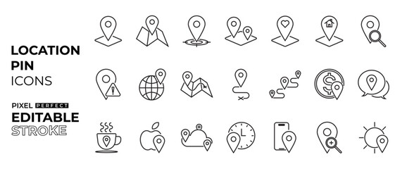 location and pin icons collection with map, weather, location, food, search travel and path with editable stroke