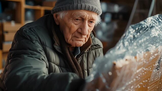 An elderly man carefully wrapping a framed painting in bubble wrap placing it gently in a box labeled Donations. He pauses for a moment reminiscing about the memories attached