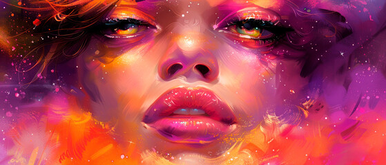 a digital painting of a woman's face with bright colors and splatters of paint on her face.