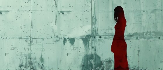 a painting of a woman in a red dress standing in front of a wall with grungy paint on it.