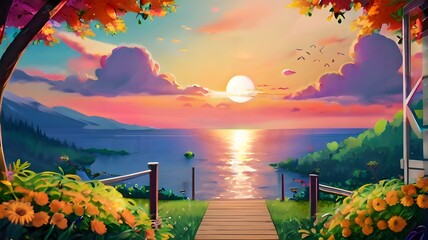 Fiery sun dips behind majestic mountains, casting an orange glow on the calm lake and river below, anime wallpaper 4k background, summer season, Generative ai - obrazy, fototapety, plakaty