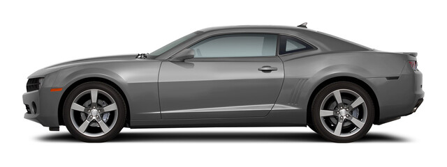 Modern powerful american muscle car in gray color. Side view on a transparent background, in PNG format.