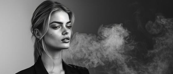 a black and white photo of a woman with smoke coming out of her mouth and a cigarette coming out of her mouth.