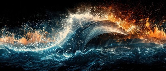 a large wave in the middle of a body of water with a lot of orange and blue flames coming out of it. - obrazy, fototapety, plakaty