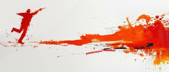a painting of a person jumping in the air with an orange paint splattered on the bottom of the painting.