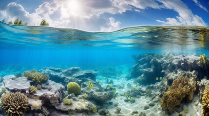 Fototapeta na wymiar Surface and underwater view with school of tropical fish in coral reef and blue sky with cloud, Caribbean sea