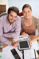 Fototapeta premium Portrait, smile and tablet with designer business people in office together for planning. Technology, teamwork or creative with happy man and woman designer in workplace for meeting or discussion